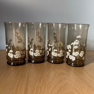 VINTAGE 70s Libbey Smoked Amber Glass Cherry Blossom Drinking Glasses - Set of 4